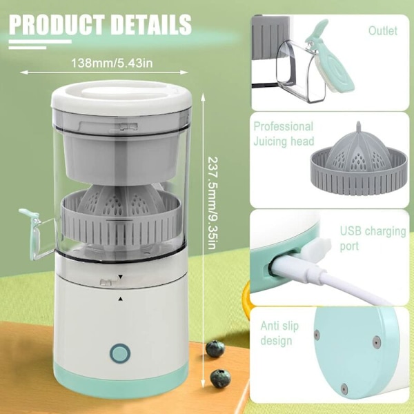 Multifunktionell Elektrisk Citruspress, Högavkastande Apelsin Citron Juice Extractor Press Grapefrukt Bärbar USB Laddningsbar Sladdlös Fruktpress för