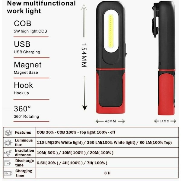 Genopladelig LED Arbejdslys, 2 i 1 Inspektionslampe med 360 Graders Rotation og 3W COB LED Lommelygte med Magnetisk Bund og Krog til Bilreparation