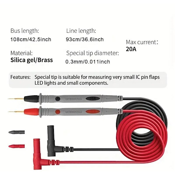 1000V 20A Sonden for Multimeter + Klips Klemmekabel Testledning for Multimeter Tester Digital Multimeter