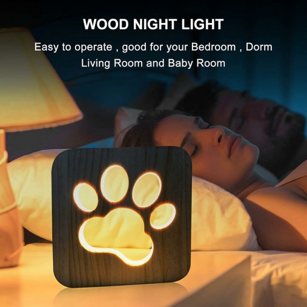 Kaiverrettu puinen yövalo, koiran tassun puinen lamppu USB-virtalähde LED 3D-yövalo Luova pöytälamppu 3D-pöytäeläimen tassulamppu Yöpöytälamppu kotiin makuuhuoneeseen