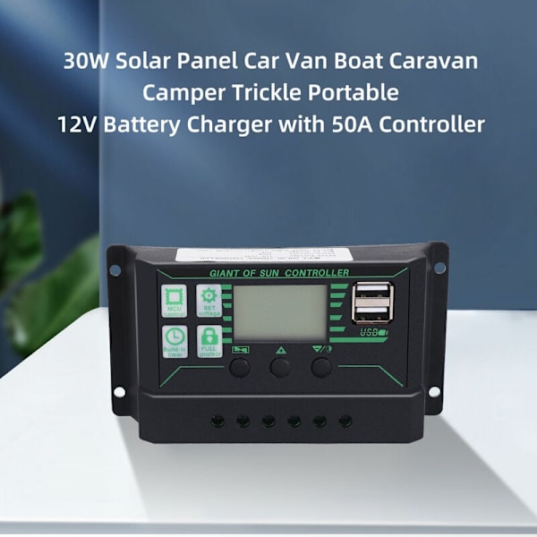 30W Solcellepanel Bil Van Båd Campingvogn Autocamper Drypbatteri 12V Batterioplader med 100A Regulator
