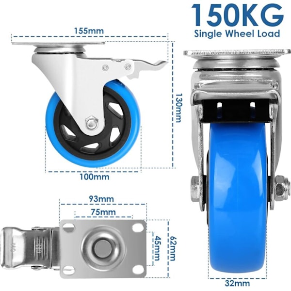 Sett med 4 svingbare hjul, 100 mm hjul for møbler, opptil 600 kg, kraftige hjul med brems, 360° rotasjon
