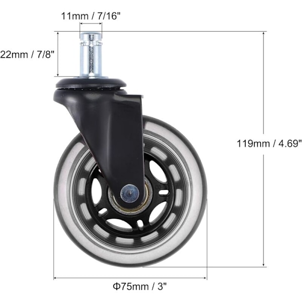 3\" PU Drejestol Hjul 5 Hjul med 7/16\" x 7/8\" Post 110 lb Belastningsevne til Trægulve og Sort Tæppe