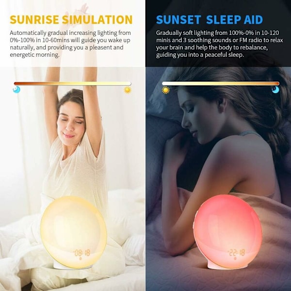 LED Lysalarmur med Radioalarmur Lysende Morgenvækkeur Nattbordlampe 20 Lysstyrkeindstillinger Daggry- og Skumringssimulator 7 Naturlige Lyde Snooze-funktion Ch