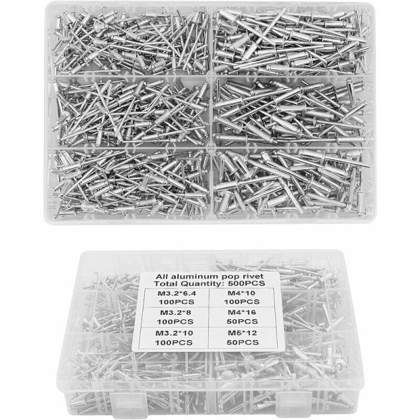 Blindnit, 500 st M3.2 M4 M5 Aluminium Blindnit Aluminium Popnit Blandade Nitar med Låda för Metall, Trä, Plast