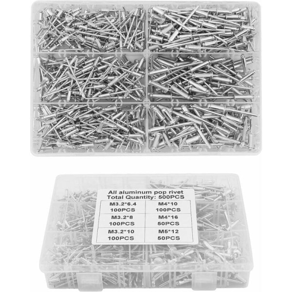 Blindnitter, 500 stk. M3.2 M4 M5 Aluminiumsblindnitter Aluminiumspopnitter Assorterede nitter med æske til metal, træ, plast
