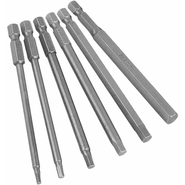 6 stk. H2.5-H8 Indvendige Hex Hoved Magnetiske Skruetrækker Bits Sæt Bits 100mm Lange 6 Punkt S2 Stål Power Skruetrækker Værktøj Tilbehørssæt med 1/4'' Hex Skaft