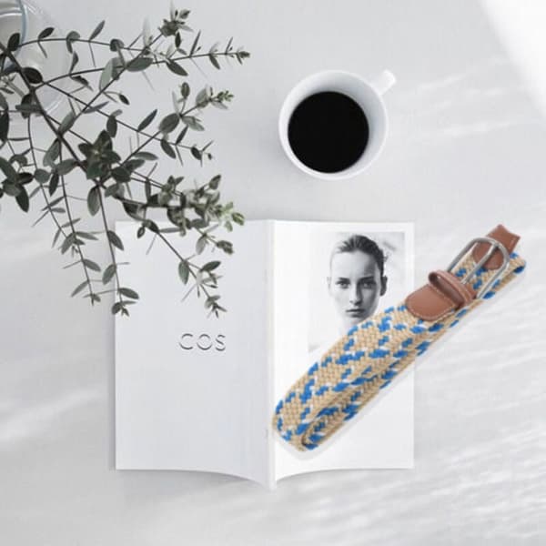 Elastisk stretch vevd lerret skinn spenne belte blå hvit
