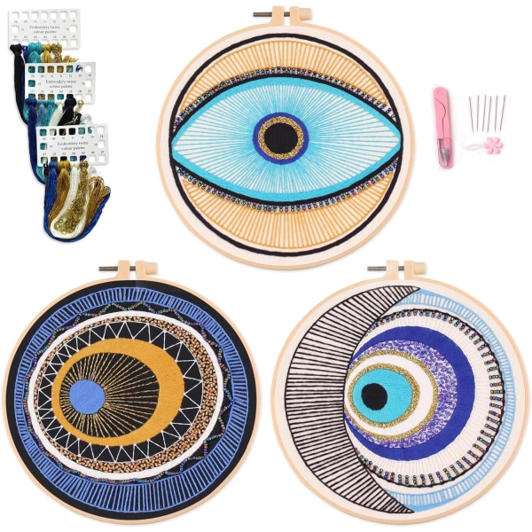 3 Evil Eye Embroidery Kit, set för vuxna, innehåller 3 uppsättningar broderityger, tandtråd, nålar och ringar, etc...