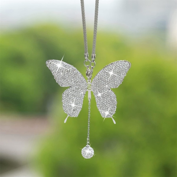 Damer Shiny Butterfly Diamond Biltillbehör, Crystal Car Backspegel Hänge Bildekor Hängande Inredningsdekor Hänge (silver)