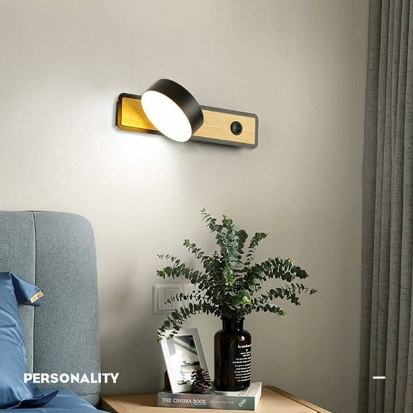 LED Væglampe Væglamper Indendørs belysning Træ Væglampe til soveværelse Stue Kontorgang, drejelig 350° (sort)