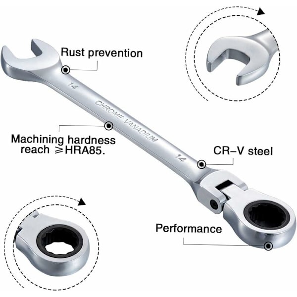 14 mm joustava ratkettava avain, pyörivä pää, ratkettavat avaimet, Action Tool, metrinen kromivanadiini teräs - DENUOTOP