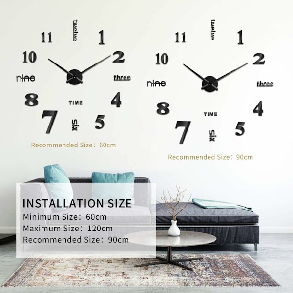 3D Väggklocka, DIY Digital Väggklocka, Tyst Rörelse, Modern Design Väggklocka, Jätteväggklocka för Sovrum Kök Vardagsrum (60-120 cm), Svart