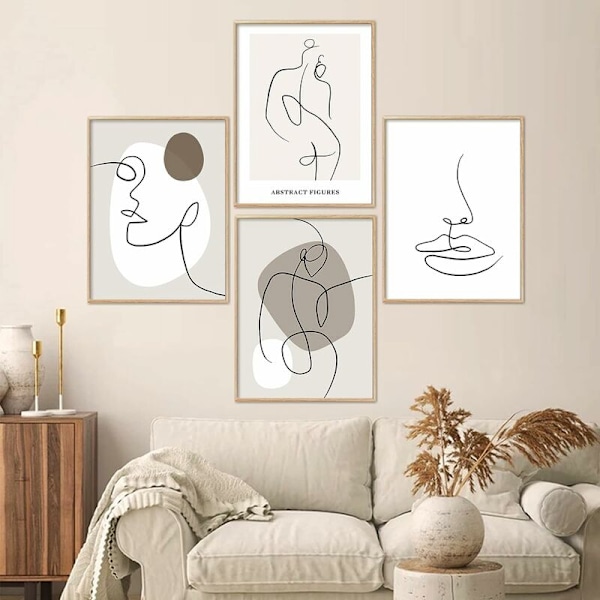 Väggdekoration Poster - Set med Abstrakta Linjebilder, Modern för Hem, Vardagsrum, Sovrum (4xA4, Oinramad)