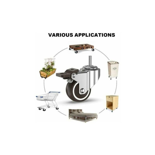 Svingbare hjul 4 med gjengede stenger, møbelhjul, bremsede hjul for transport av industrielt utstyr (50 mm med M10 stenger, 2 med bremser, 2 uten