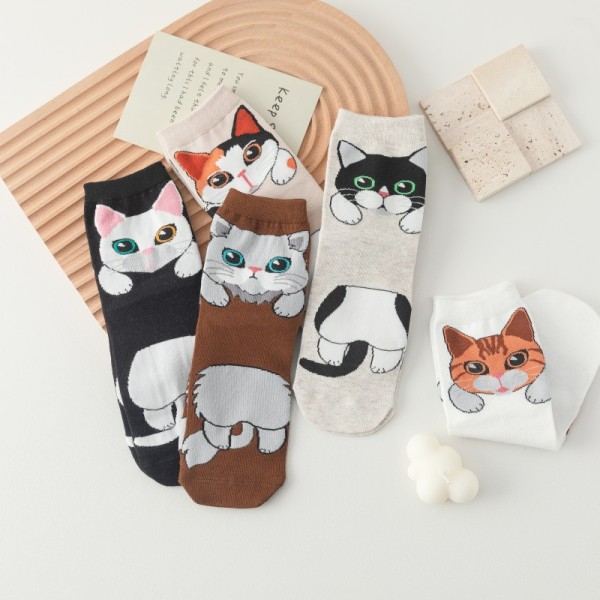 Tegneserie kattemønster sokker med rund hals 10 par