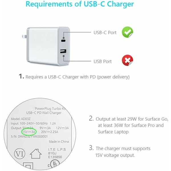 Nylonflettet USB-C-ladekabel for Surface Pro 6/5/4/3 Surface Laptop strømforsyningskabel 1,5M 45W 15V PD