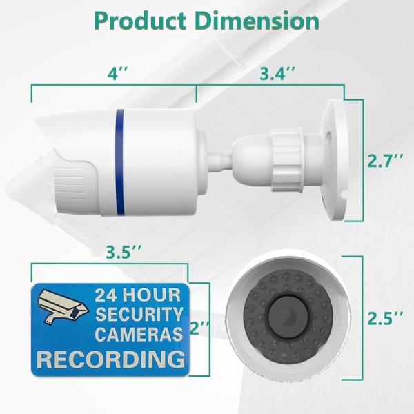 Sisä-ulkokäyttöinen CCTV-turvasimuloitu dummy-dome-kamera LED-valolla, varoitusvaroitustarra, 4 pakkausta, valkoinen