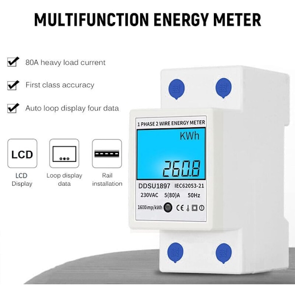 Digitaalinen sähkömittari yksivaiheinen DIN-kisko sähkömittari yksivaiheinen kaksijohdin monitoiminen sähkömittari, taustavalaistuksella, valkoinen