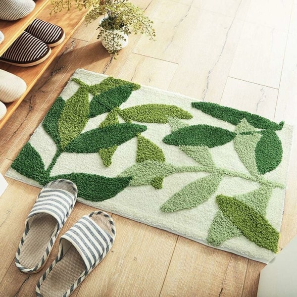 Non-Slip Bath Mat, 45x65cm Green Leaf Bathroom Floor Mat Super Soft and Water Absorbent, Machine Washable Microfiber Bathroom Rug for Bathroom, Show