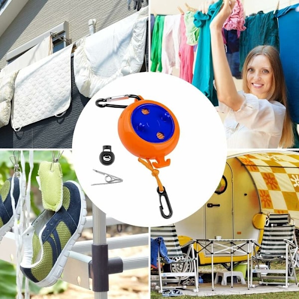 10M Retractable Clothesline med 10 fasta öglor och 20 vindtäta klämmor, bärbar utomhusklädstreck för lakan, tvättlina för trädgård, husbil