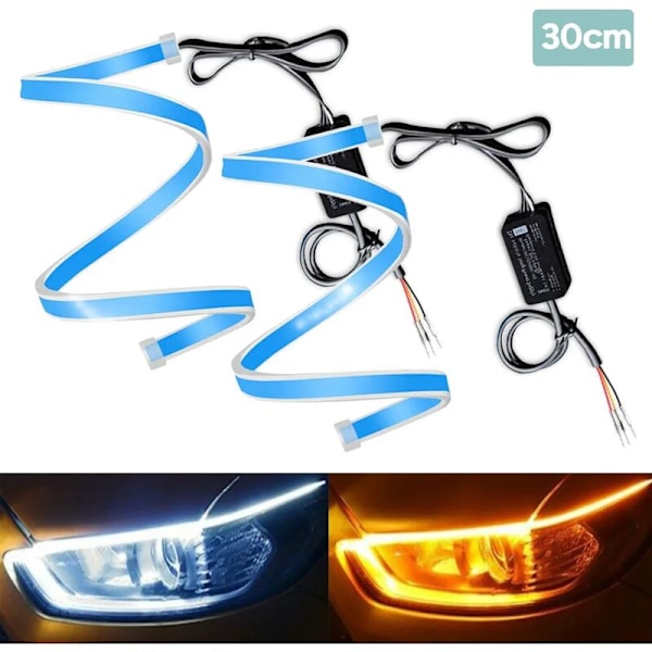 1-sett (2 stk) Super Lys 30CM 11,8 Vanntett Fleksibel LED-lysstripe Fluid Silikonstang Hvit og Amber Lys for DRL Dagkjørelys Parkering