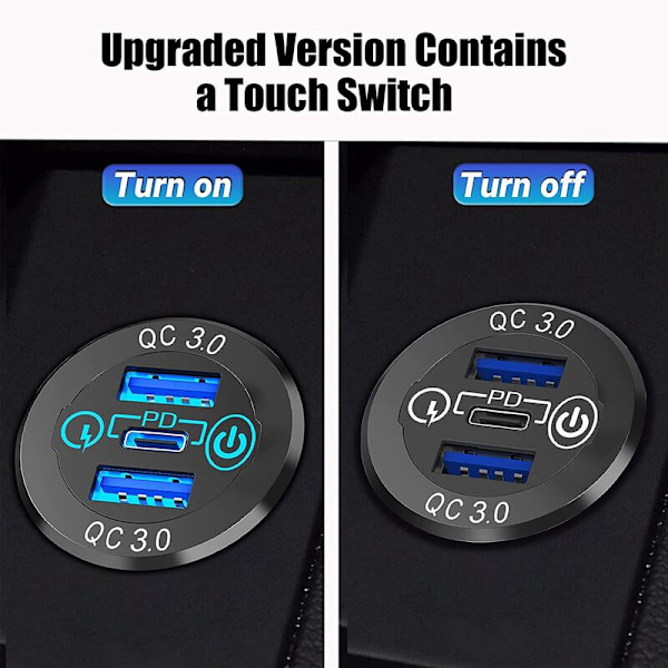 3.0 PD3.0 Trippel USB-billader 12V 24V 60W USB-C Multippel lader med bryter for båt, lastebil, RV,