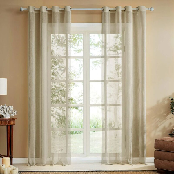 Sett med 2 Khaki Gjennomsiktige Gardiner i Lin-Effekt - Øyebøyle Gardiner Soverom Dekorasjon Halvtransparent for Stue Kjøkken Gardin 140x180cm(Bredde x Høyde)