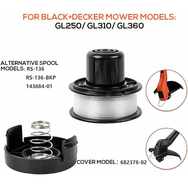 6 Pakk Reserve Spole til Black Decker RS-136-BKP/682378-02 20ft Auto Feed Trimmer Line til GL250/GL310/GL360