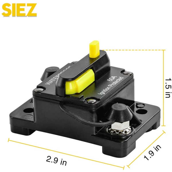 Kretsbrytare 60A Inline Inverter Säkring med Manuell Återställning för Bil Ljud RV 12V-48V DC Vattentät (Yta)