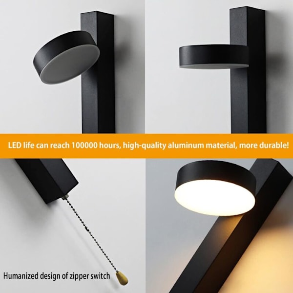Indendørs væglamper Moderne 3 Farvetemperatur LED Væglampe 7W Indendørs Væglampe 180° Rotation Væglamper (Rund Sort)