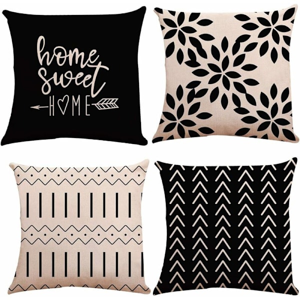Kuddfodral Set om 4, Modern Soffa Kuddfodral, Dekorativt Utomhus Linne Kuddfodral för Soffa Säng Bil (Svart, 5050cm, Set om 4)-DENUO