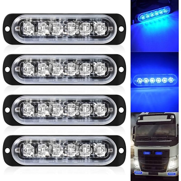 4-pakke - Ultratynn Blå 6 LED Strobe Lys - LED Lyslist Mini Nødlyslist 18 Blinkende Moduser 12V-24V for Universelt Kjøretøy eller Lastebil