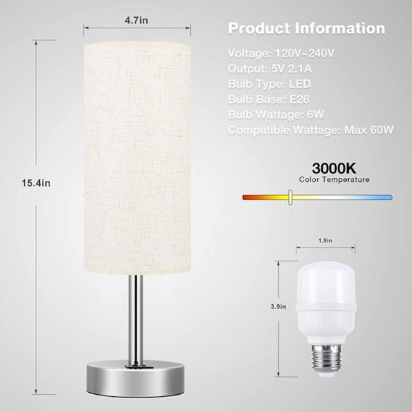 Sängbordslampa Touch Control Skrivbordslampor med USB-C USB-A Laddningsport USB-lampa Lampskärm Studie EU-kontakt