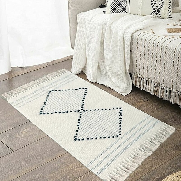 Boho Kjøkkenmatte, Vaskbar, Svart, Vevde Kvaster, Bomull, Polstring, Rektangulær, Myk, Gang, Vaskerom, Hvit, 60 x 90 cm
