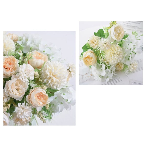 Kunstige blomster, Peon, Ball Chrysanthemum, Nellik, Hortensia, Blomsteroppsats, Blomsterdekorasjon, Bryllupsbuketter (Hvit og Grønn)