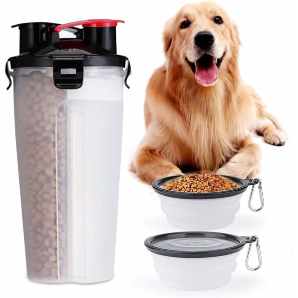 Portable Water Bottle and Food Container 2 in 1 with 2 Collapsible Bowl for Dog, Cat, Puppy, Puppy, Water Dispenser for Car Travel, Large Size, BPA