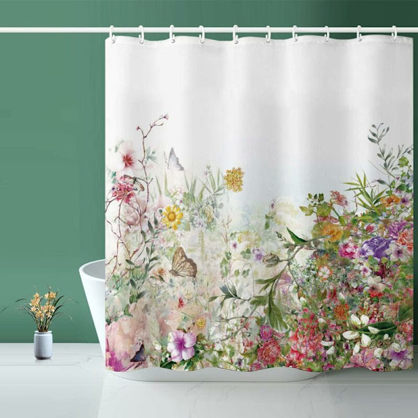 Bruseforhæng, Stof Bruseforhæng, Farverigt Blomstret Bruseforhæng - 72 B x 72 L med 12 Kroge til Hjemmet, Hoteller, Bruseforhæng til Badeværelse, Ba