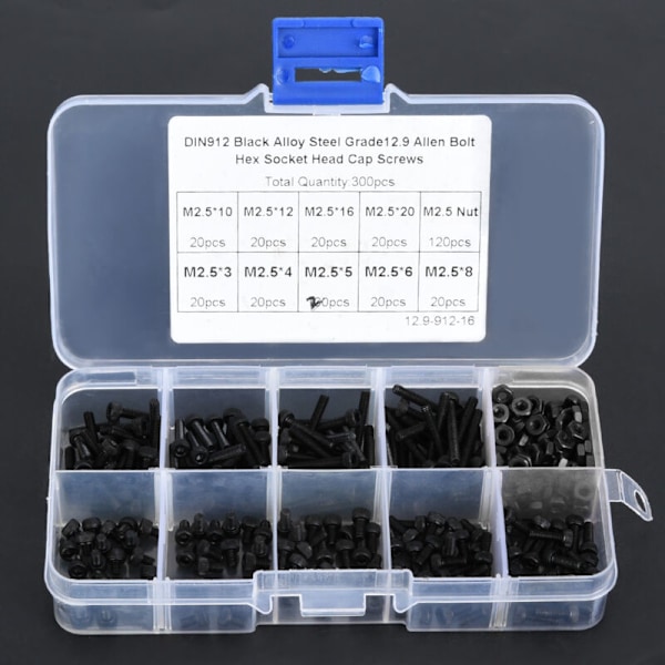 300 st M2.5 x 3-20 mm 12.9 Grade Legering Stål Svart Hex Socket Huvud Skruv Bult med Mutter