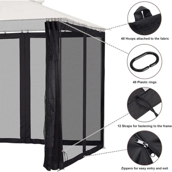 Universal erstatningsmyggnett for utendørs paviljong - 4 dører - med glidelås - for 10\" x 12\" paviljong (kun myggnetting) (svart, 3m x 3,6m), AAFG