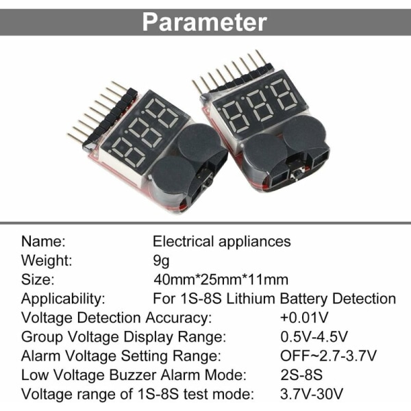 4st 1S-8S Lipo Battery Tester, RC Lipo Battery Alarm Buzzer Lipo Controller med LED för Lipo, Li-ION, Li-Fe batteri