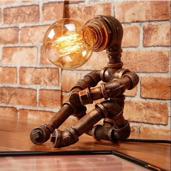 Robot skrivebordslampe Retro industriell skrivebordslampe Kreativ metall jernrør lysbesparende skrivebordslampe Sengelampe nattlampe LED skrivebordslampe，（1 stk，uten pære）