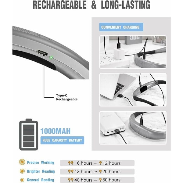 Oppladbar nakkelampe for lesing, lampe for lesing i sengen, 3 farger, 6 lysstyrkenivåer, sammenleggbare armer, lang levetid, perfekt for lesing, strikking, rep