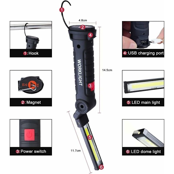 Genopladelig LED Arbejdslampe, LED 800LM Waller Lommelygte, Genopladelig LED Værkstedslampe, Inspektionslampe, Lommelygte Magnetisk Base 5 Tilstande til Garage