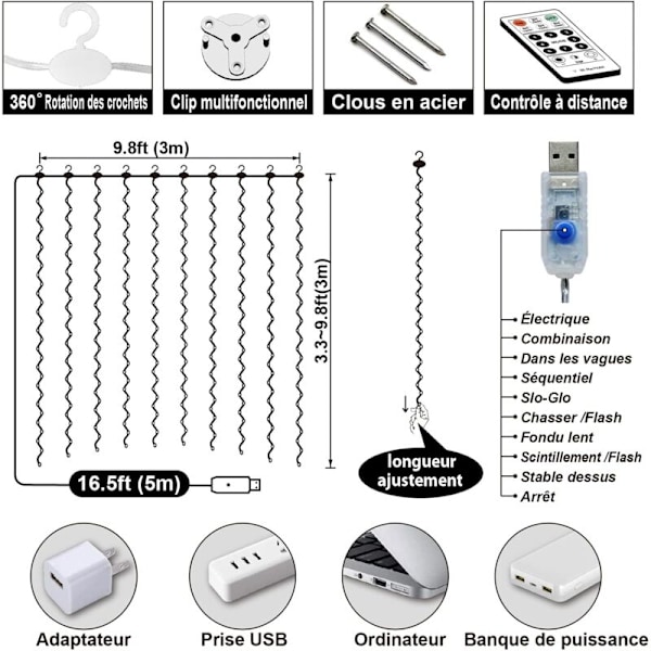 100LED Lysgardin Varmt Hvit Lysgardin 3mx1m 8 USB Lysmoduser Fjernkontroll Lysgardin med Timer for Jul, Bryllup, Fødselsdag