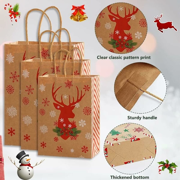 Julegaveposer, 12 stk Kraftpapirposer med håndtak, Store julekraftposer, 3 forskjellige størrelser gaveposer Bursdagspose for godteri til jul
