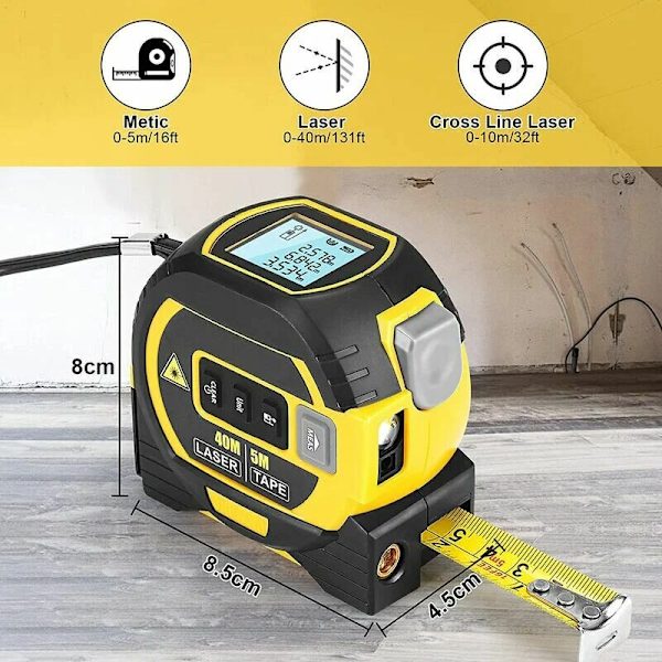 3 i 1 Digital Laser Måler med Krydset Laserlinje, 131Ft Digital Laser Afstandsmåler, 16Ft Målebånd med LCD Baggrundsbelysning til Afstand, Areal, Volumen