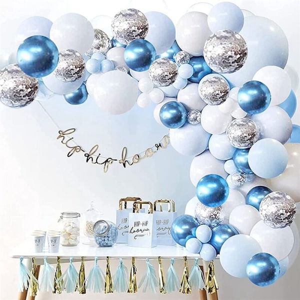 Blå ballonbue guirlande sæt til babyshower 214 stykker ballonbue serie med blå hvide sølv latex ballon dekorationer