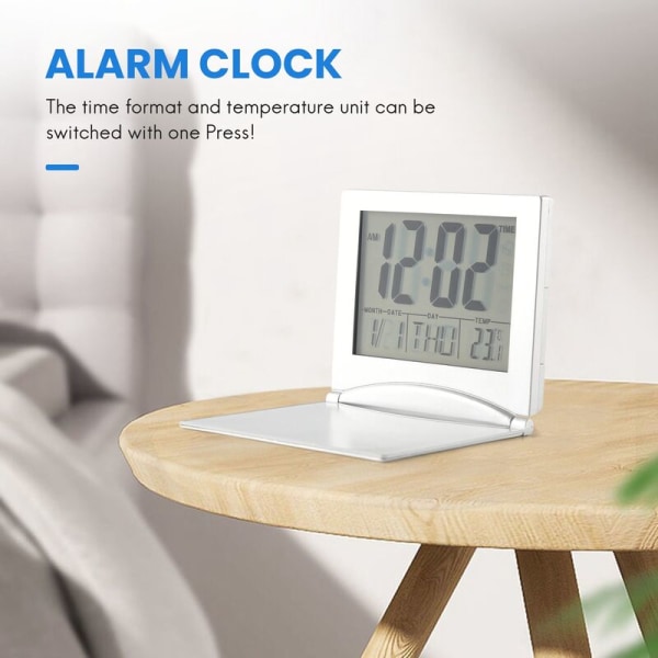 Mini resealarmklocka, hopfällbar digital LCD-skärm skrivbordsklockor med snooze-bakgrundsbelysning temperatur datum timer 12/24 timmar