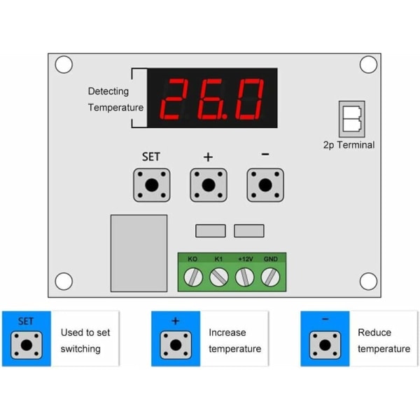 2 stk. 12V temperaturstyringsmodul, display digital termostatmodul med vandtæt NTC-probe -50110℃, elektronisk temperaturstyringsmodul S